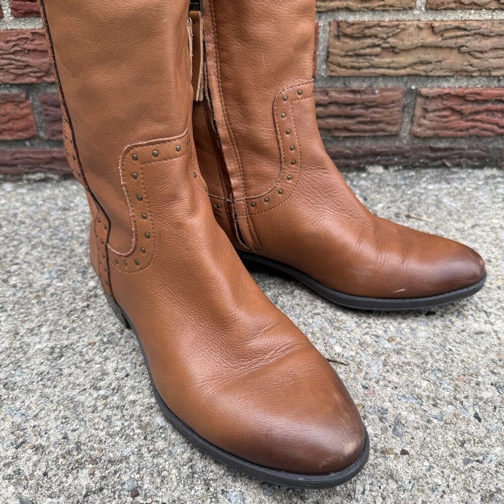 Sam Edelman "Prina 2" Studded Leather Riding Boots – Cognac Brown 9M Wide Calf